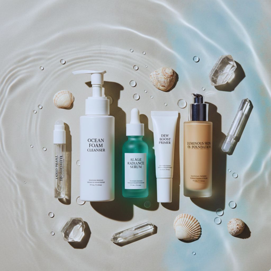 Skincare products including serum, primer, foundation, and highlighter arranged on a neutral surface with seashells, for a glowing Sea Witch makeup base.