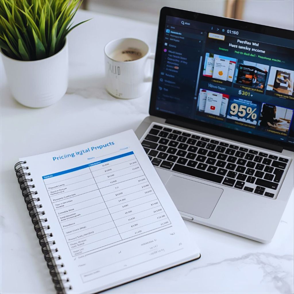 Notebook with pricing chart for digital products next to a laptop displaying Etsy shop analytics.