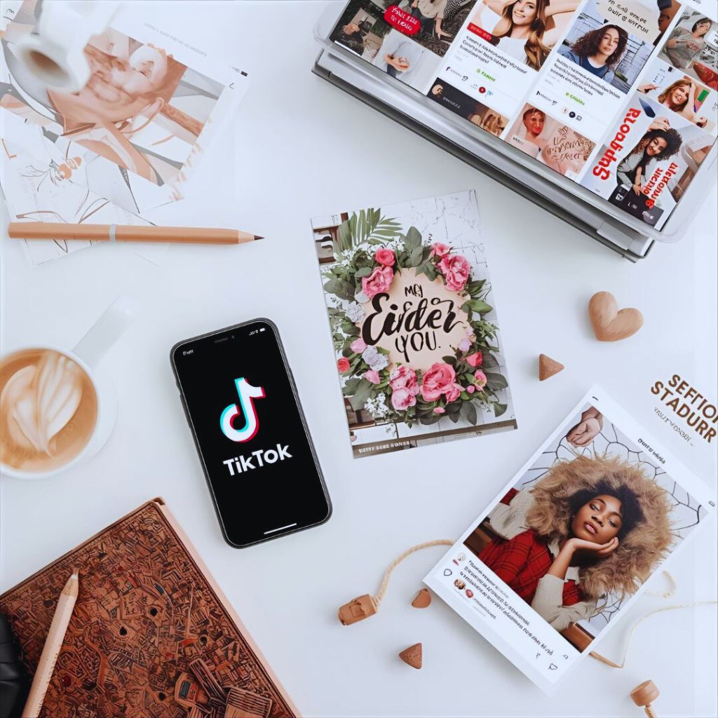 Workspace with phone showing TikTok, Pinterest boards, and digital art mockups for social media promotion.