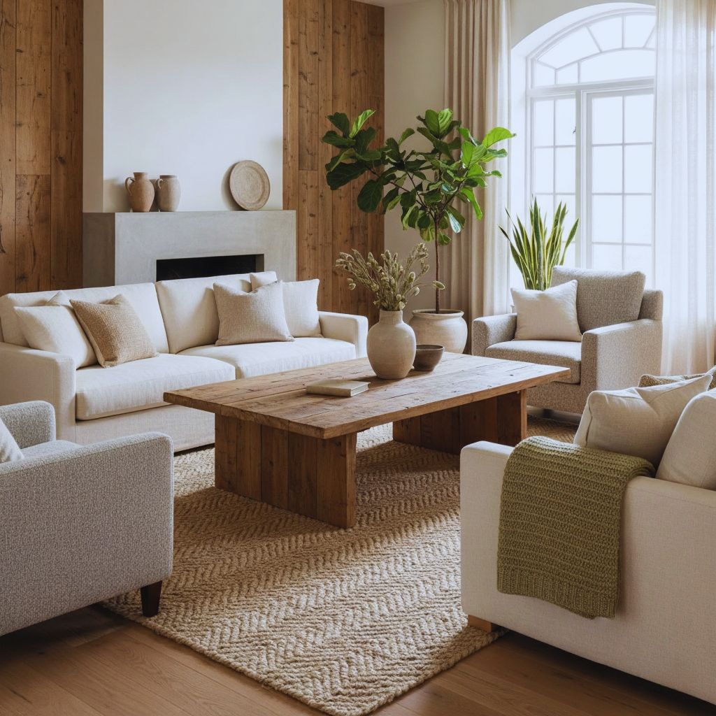 “Living room with reclaimed wood coffee table and neutral decor, showcasing rustic textures and eco-friendly design.”