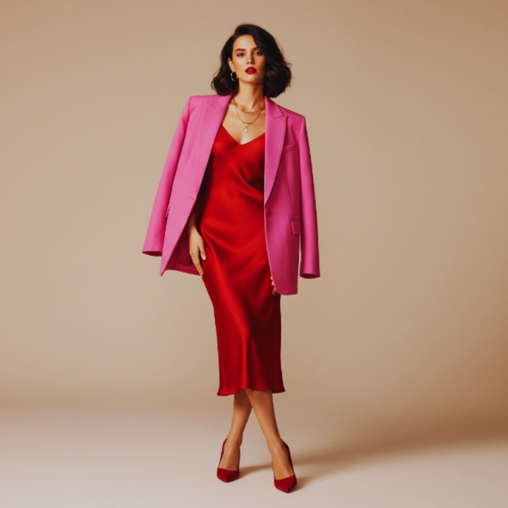 "Woman in bubblegum pink blazer over red slip dress with red heels and gold jewelry posing indoors."