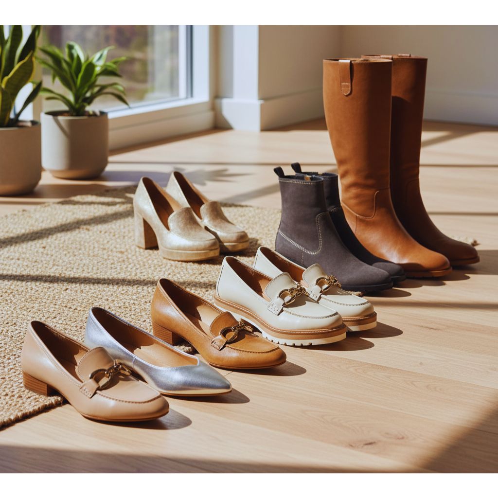 “Stylish lineup of women’s shoes including loafers, block heels, flats, and boots in neutral and metallic tones.”