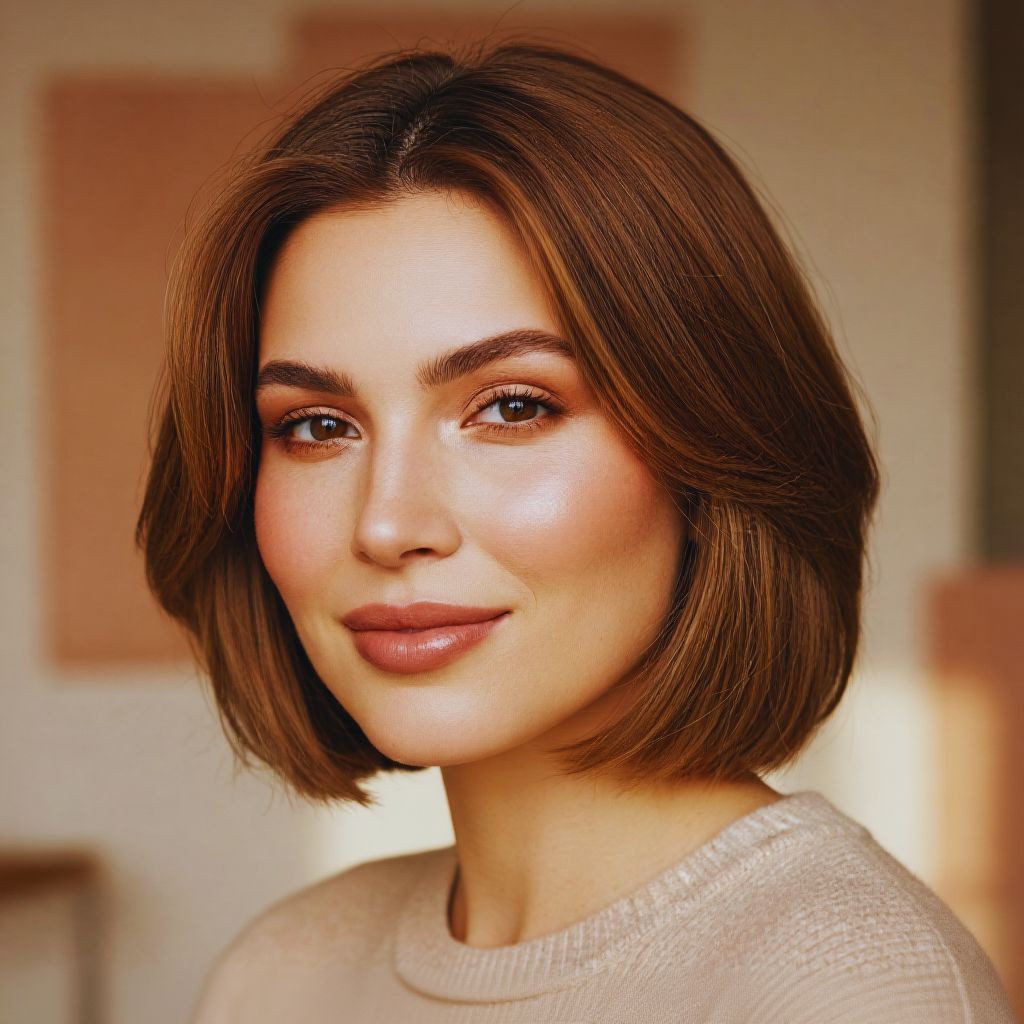 “Close-up of woman with modern haircut and natural makeup, featuring radiant skin and soft tones.”