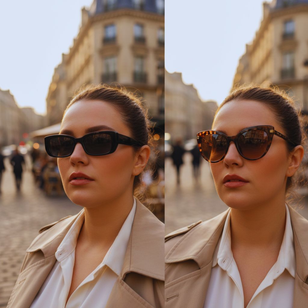 “Woman with a round face wearing 90s rectangular sunglasses and cat-eye frames that define her features.”