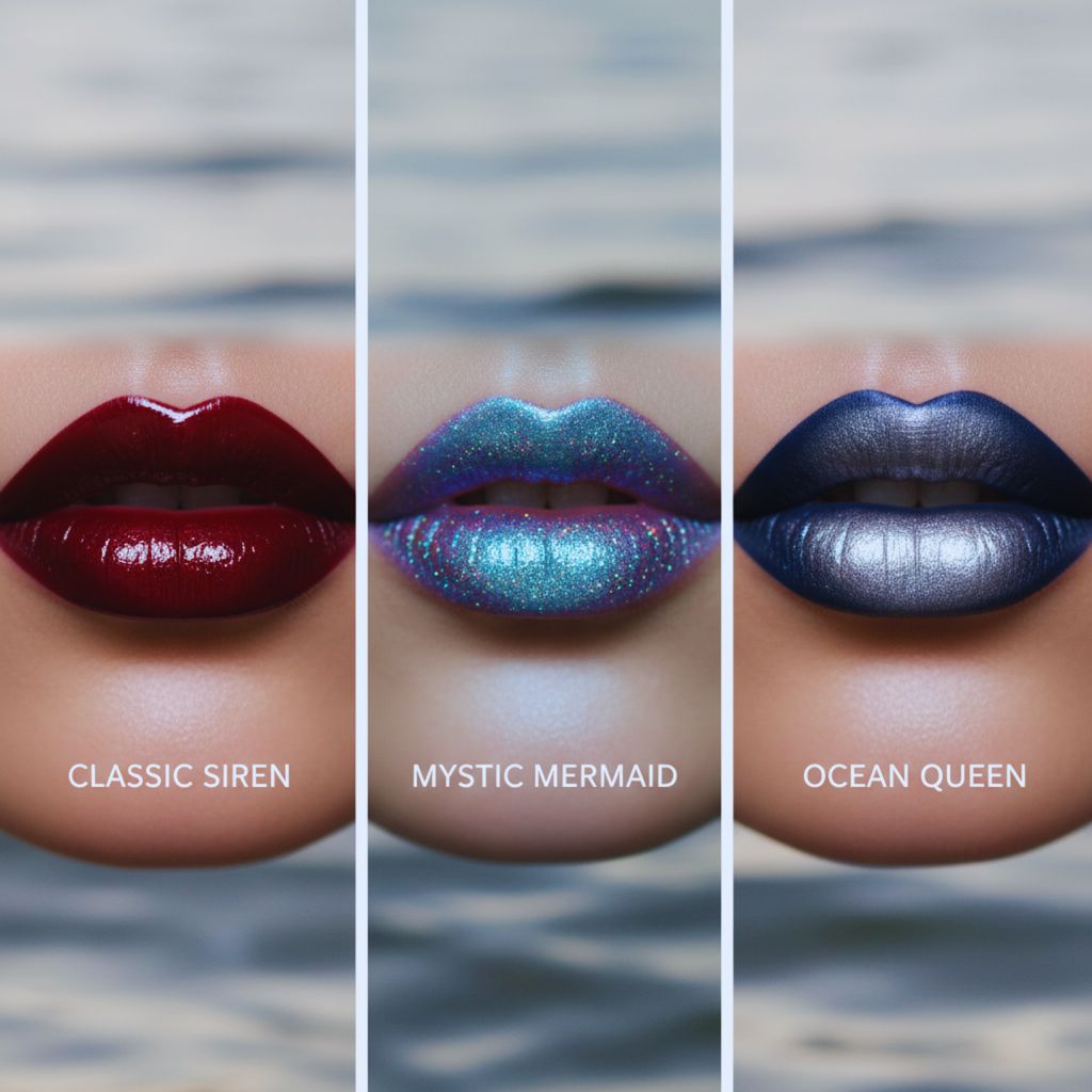 Three Sea Witch lip styles: glossy deep berry, iridescent blue-purple, and navy-to-silver ombre, inspired by oceanic themes.