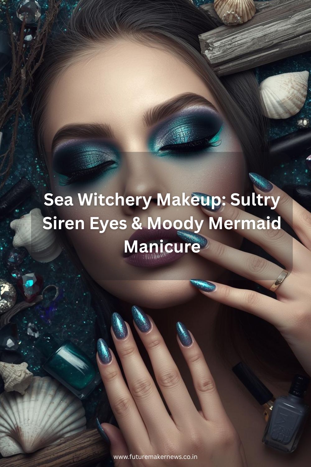 Flat lay of sea-inspired makeup and nails, featuring teal and navy eye shadow with shimmer, mermaid gradient manicure, seashell props, and makeup tools arranged artistically.