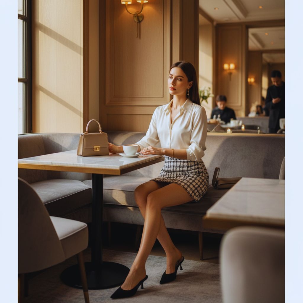 Woman in a tweed micro skirt and silk blouse with pointed mules, highlighting a structured and sophisticated look.