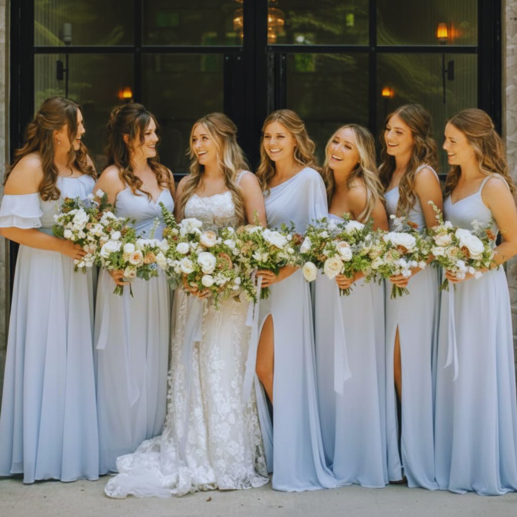 “Bridesmaids in tulle and chiffon dresses with sheer overlays and flowing sleeves, posing in a sunlit garden.”