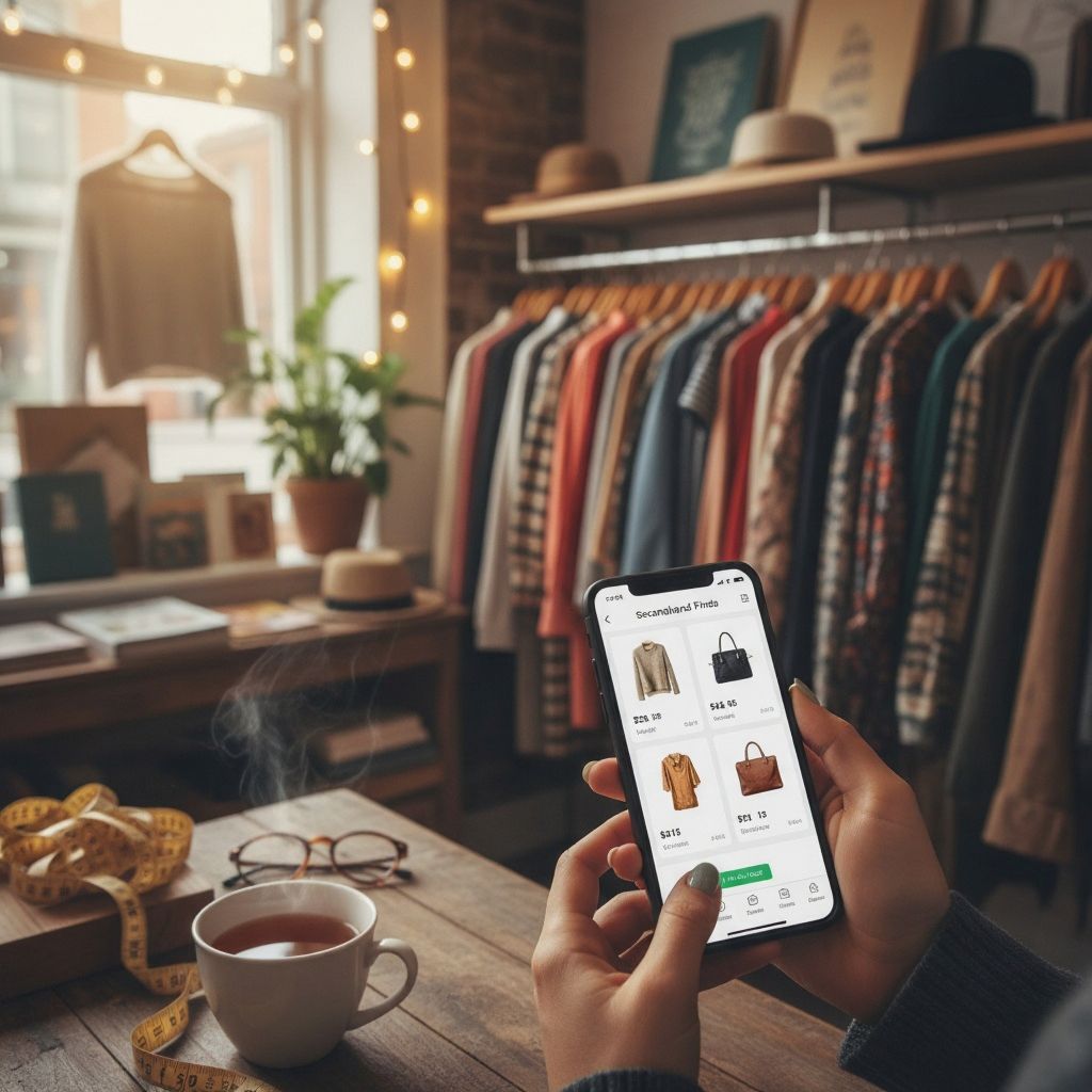 Person browsing sustainable secondhand clothing online to build a budget-friendly wardrobe.