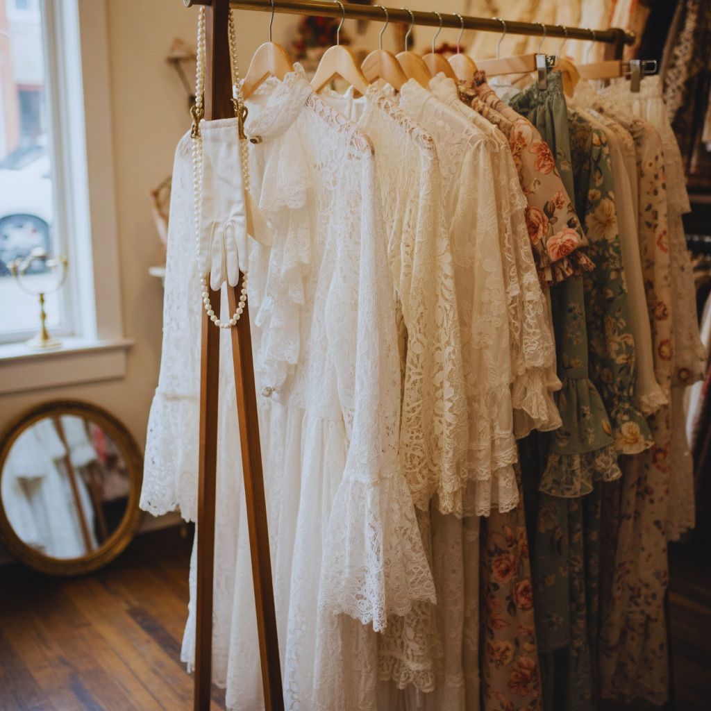 Vintage clothing rack with lace dresses, floral gowns, and Rococo-inspired pieces in a thrift store.