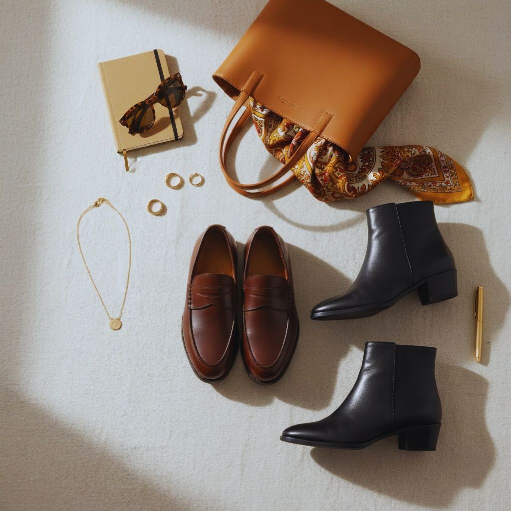 “Flat lay of leather loafers, ankle boots, structured tote bag, delicate gold jewelry, and a silk scarf on a neutral background.”