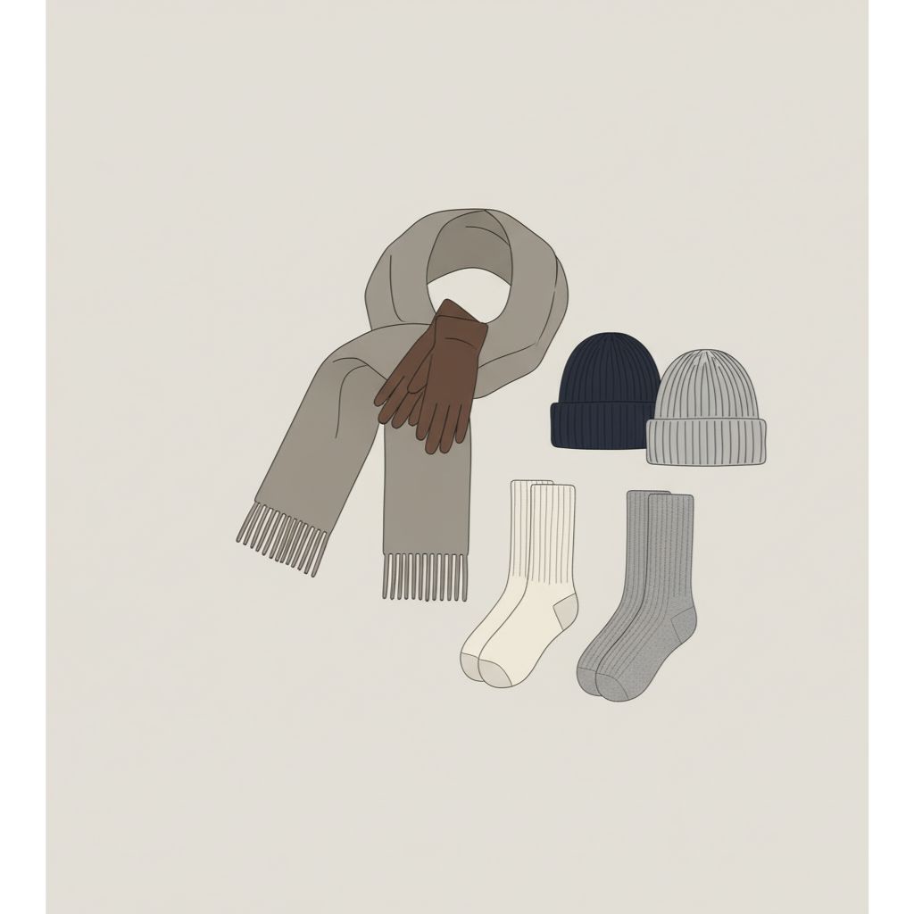 “Wool scarf, leather gloves, knit beanie, and thermal socks arranged in minimalist Scandinavian style.”