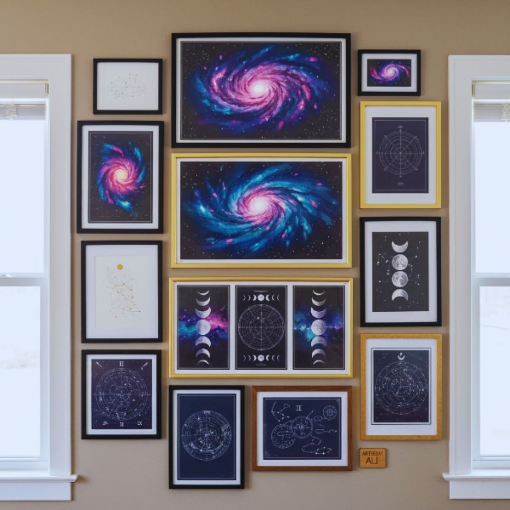 “Celestial gallery wall with galaxy illustrations and lunar cycle posters from independent artists.”