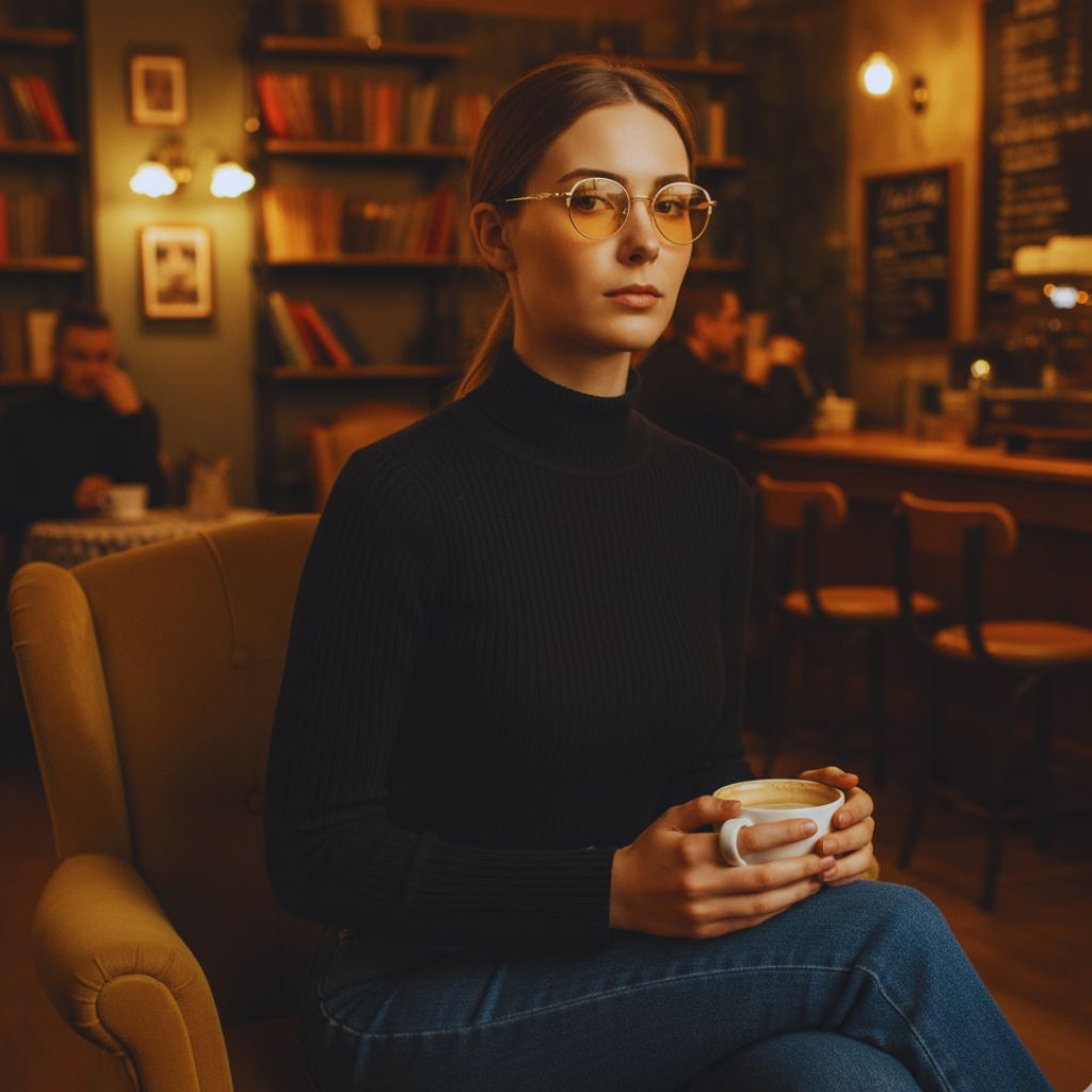 “Person with a square face wearing round gold 70s glasses that soften angular features.”