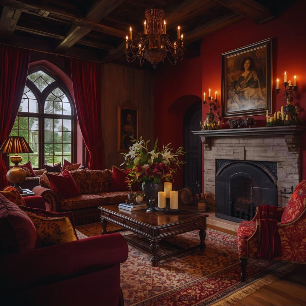 Castlecore living room with burgundy walls, velvet curtains, and warm golden lighting creating an old-world ambiance.