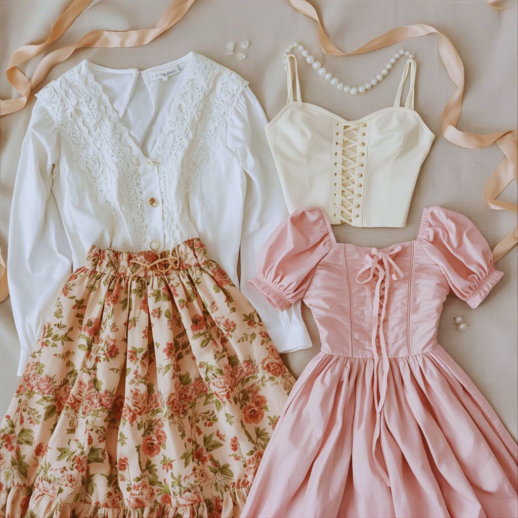 Flat lay of Rococo-style basics including lace tops, floral skirt, and puff-sleeve dress in pastel colors.