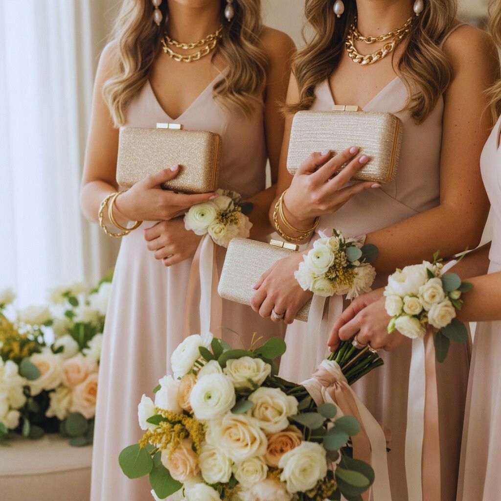 “Bridesmaids showing pearl earrings, silk ribbons, gold jewelry, clutches, and floral wrist corsages with coordinated bouquets.”