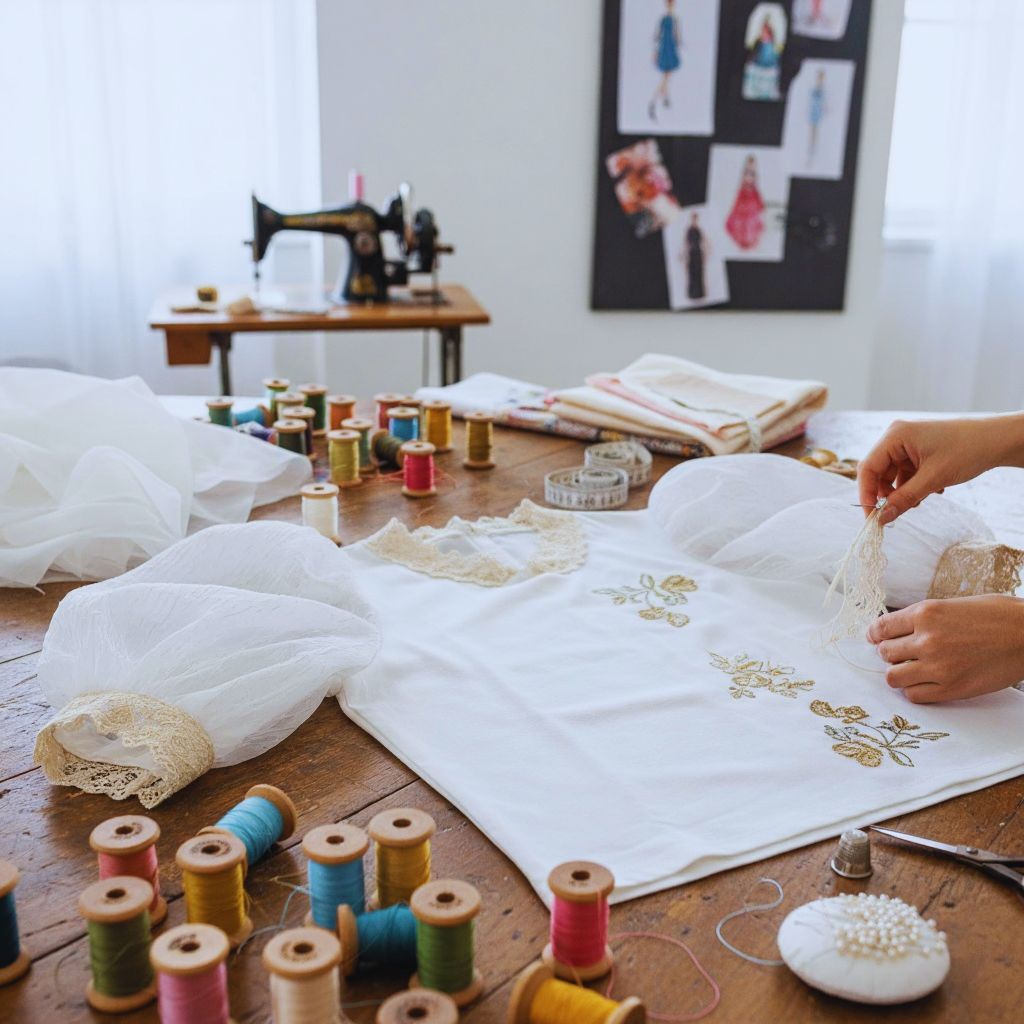 A white blouse with newly added puffed sleeves and lace, symbolizing DIY fashion transformation.