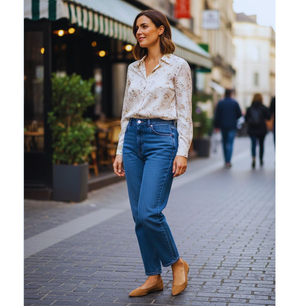 Pear-shaped woman in medium-wash straight-leg jeans and a tucked-in blouse, styled with flats, showing a sleek and balanced everyday denim look.