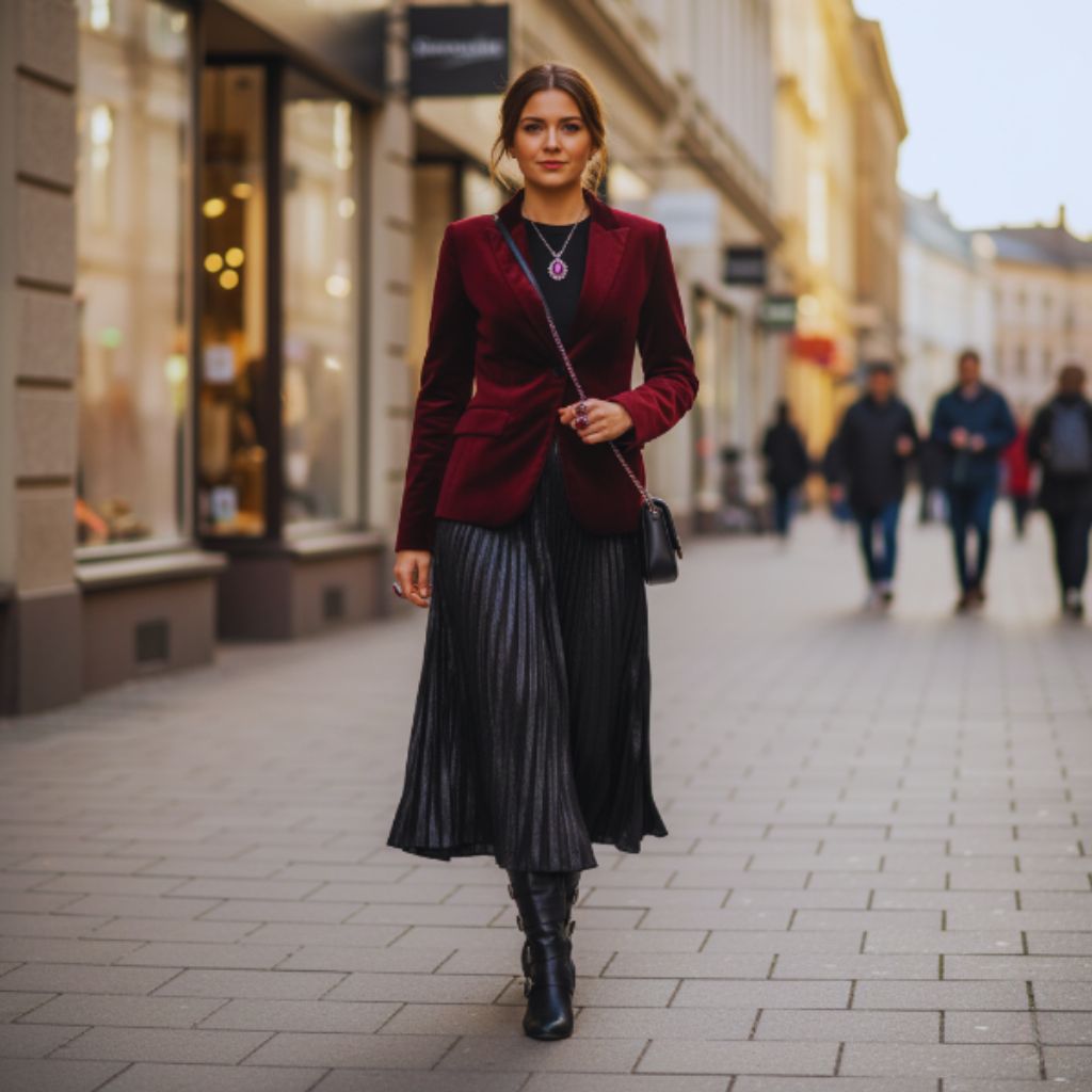 Stylish woman wearing Gothic Castlecore outfit blending vintage and modern pieces.