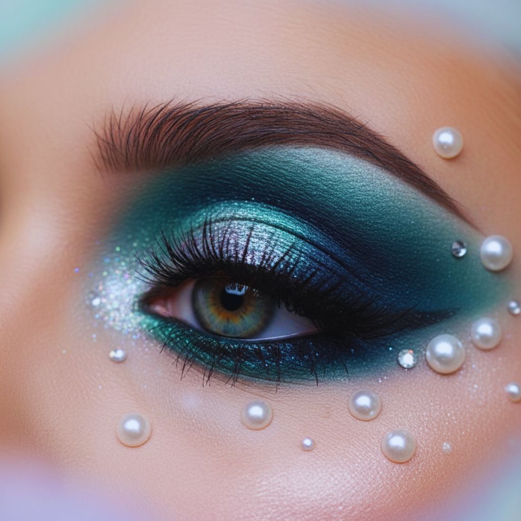 Close-up of eyes with teal, navy, and emerald smoky eyeshadow, metallic liner, and shimmering inner corners, styled for a Sea Witch look.
