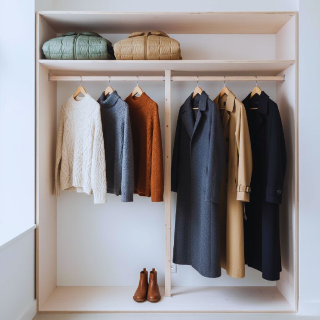 “Timeless coats, organic wool sweaters, and ethical down jackets displayed in a Scandinavian minimalist wardrobe.”