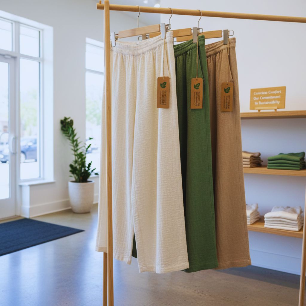Display of sustainable wide-leg pants made from organic fabrics at an eco-friendly clothing brand boutique.