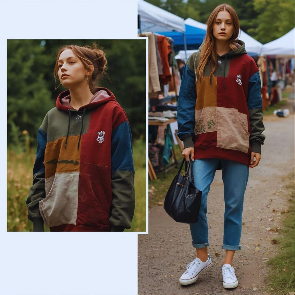 Model wearing eco-friendly patchwork hoodie made from upcycled materials, styled with thrifted accessories outdoors.