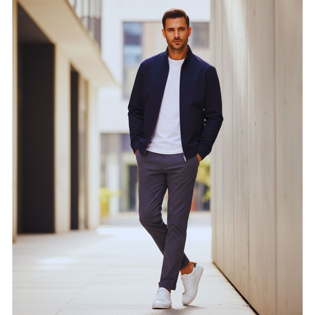 A man wearing a fitted zip-up sweatshirt with joggers, showing a refined take on athleisure.