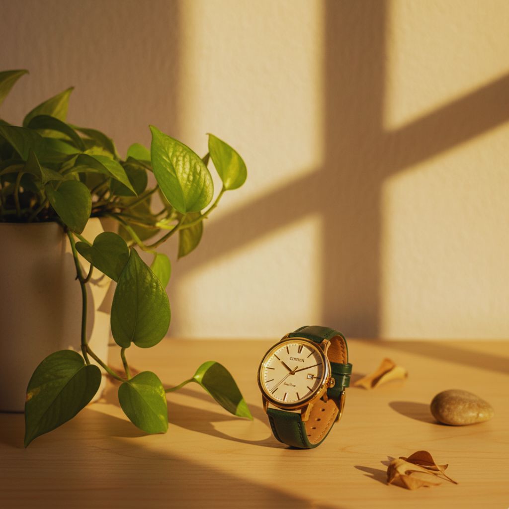 Citizen Eco-Drive vintage solar-powered watch in minimalist aesthetic setup.