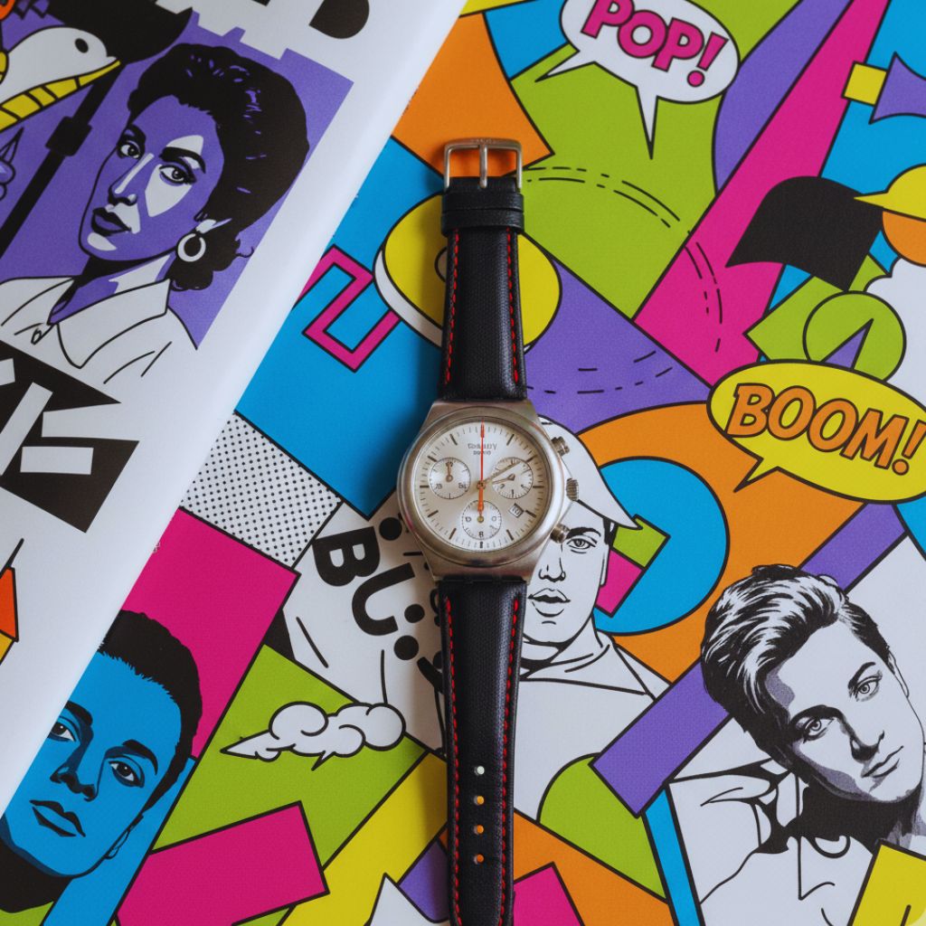 Colorful Swatch Irony Chrono vintage watch styled with 90s pop art background.