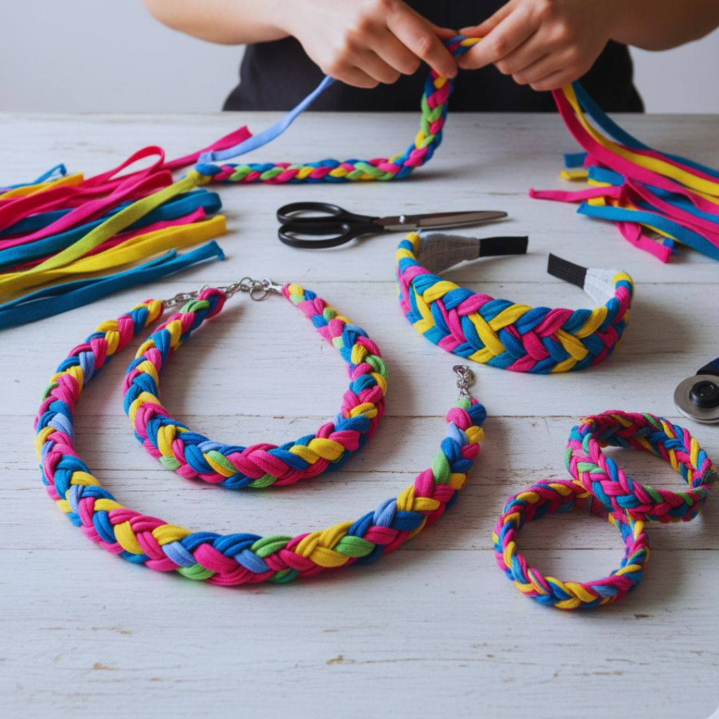 Braided t-shirt yarn necklaces and bracelets made from colorful fabric strips.