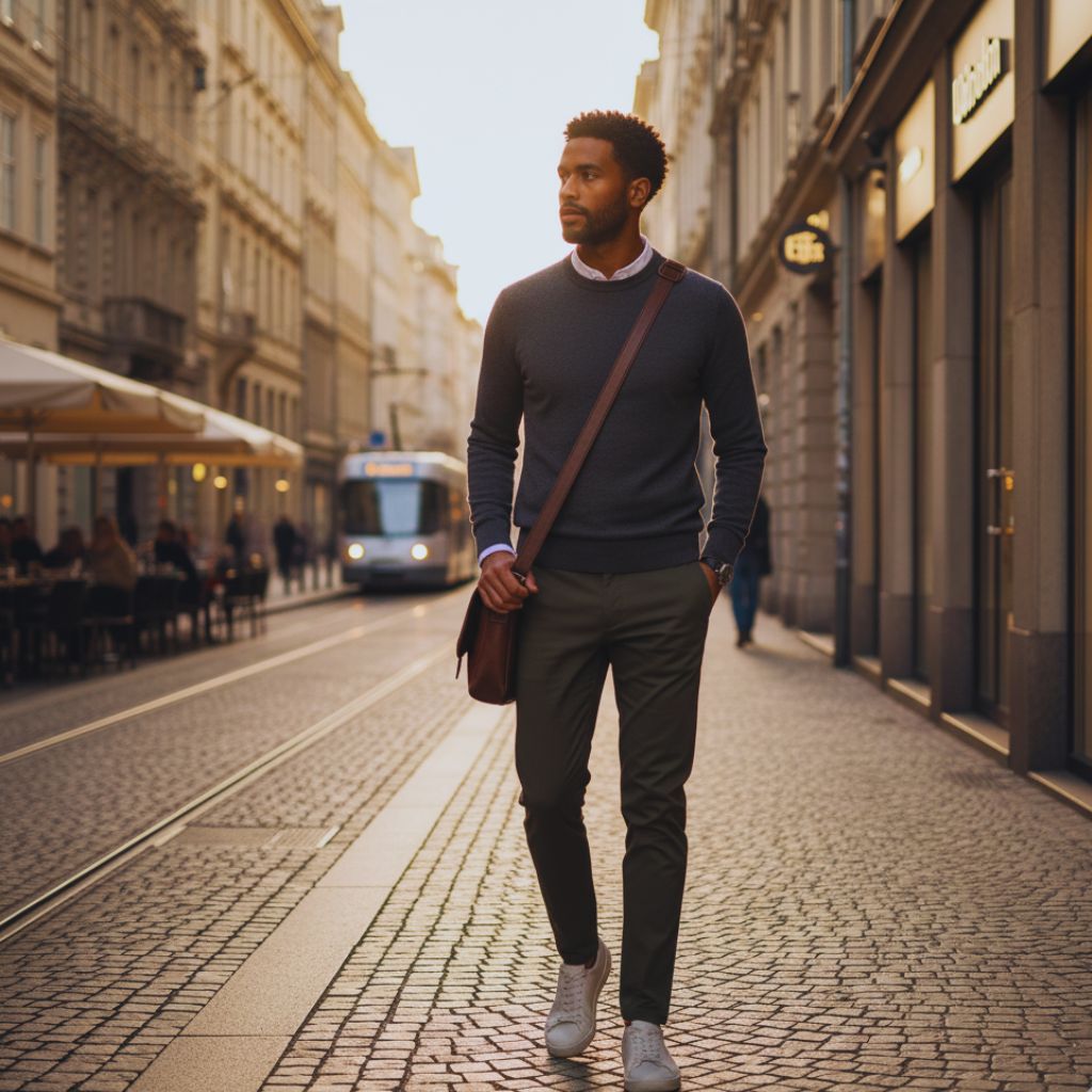 A man wearing slim tailored joggers with a button-down shirt, combining comfort with sophistication.