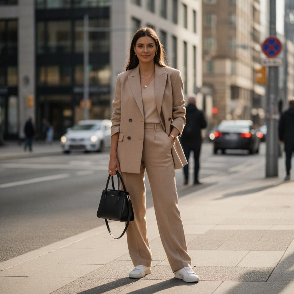 Woman in a beige tailored suit paired with white sneakers, blending classic tailoring with sporty style.