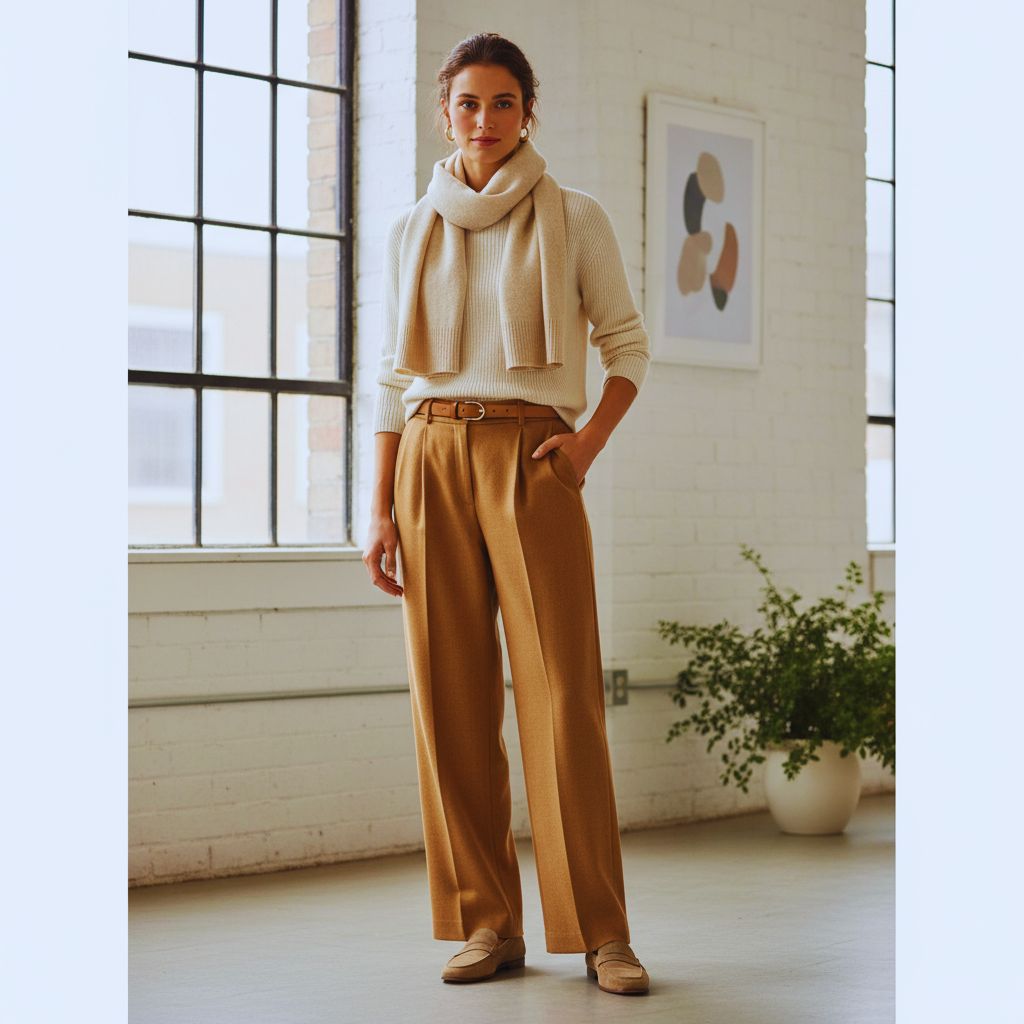 “Stone-colored tailored wide-leg trousers paired with a tucked-in knit sweater and neutral loafers, styled with a minimalist belt and scarf.”
