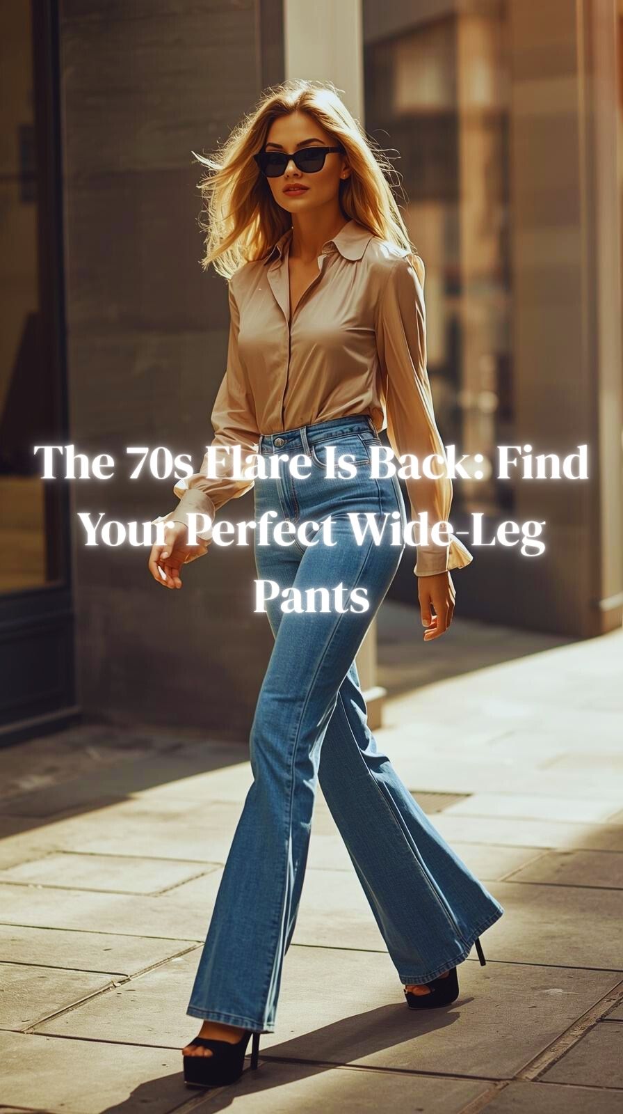 Fashionable woman wearing high-waisted flared jeans and platform heels, showcasing a modern take on the 70s wide-leg trend.