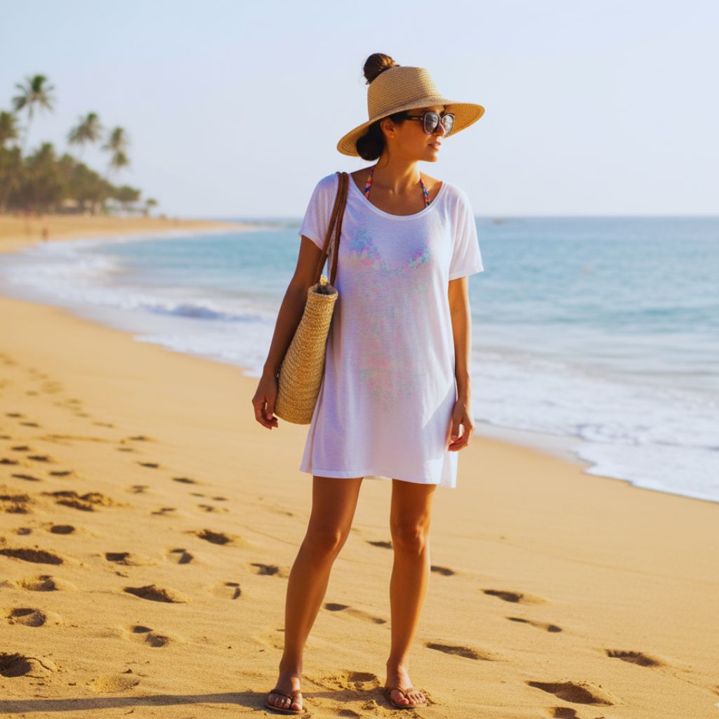 "Woman in cotton T-shirt dress over swimsuit with flip-flops, straw hat, sunglasses, and tote bag on beach."