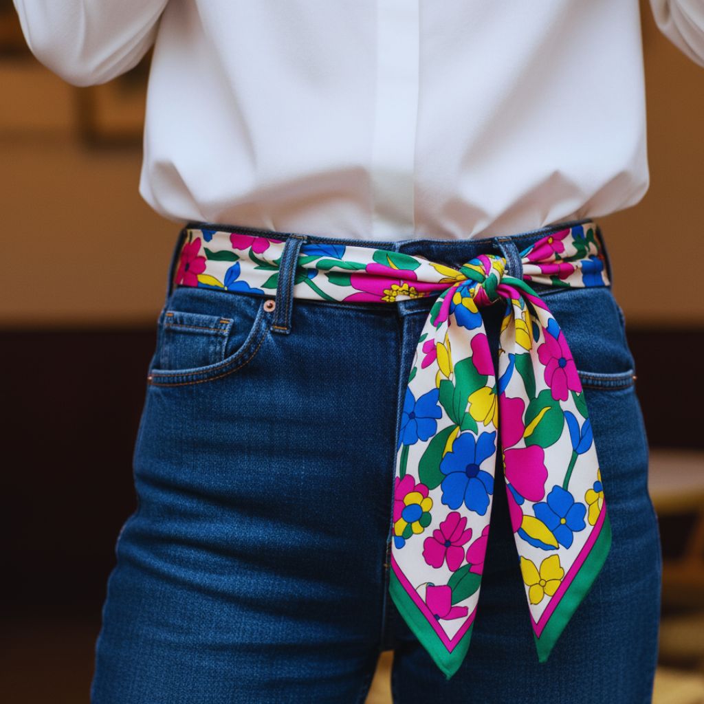 “Silk scarf styled as a belt through high-waisted jeans, tied in a knot for a modern French look.”