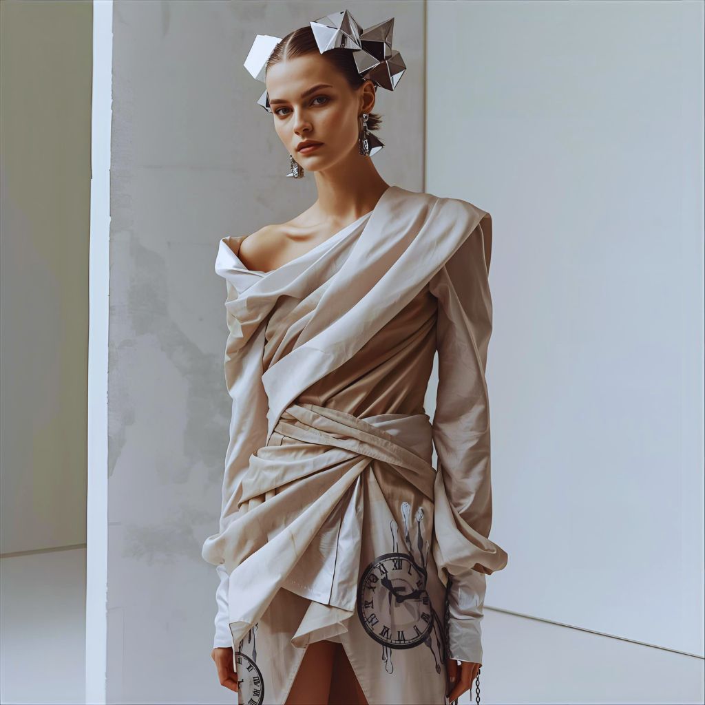 Asymmetrical draped outfit with metallic accents and geometric accessories, inspired by Dalí’s The Persistence of Memory.