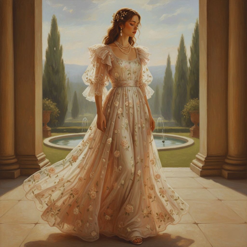 Flowing pastel gown with sheer ruffled sleeves and pearl accessories, inspired by Botticelli’s Birth of Venus.