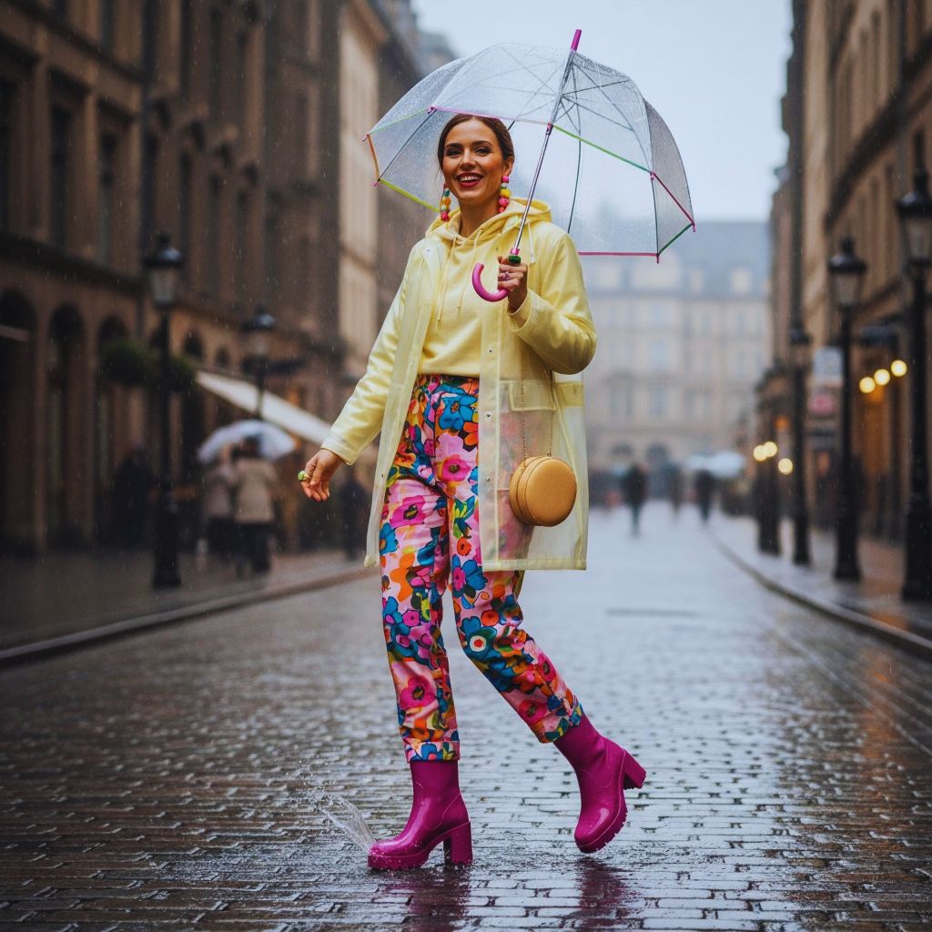 Person wearing pastel raincoat, printed trousers, and colorful boots with statement accessories for a playful rainy-day outfit.