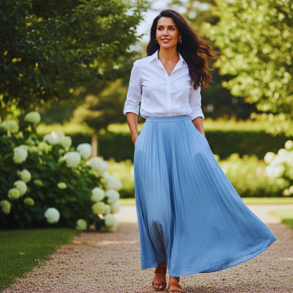 Woman in a tied white button-down and flowy maxi skirt, showing relaxed and chic street style.
