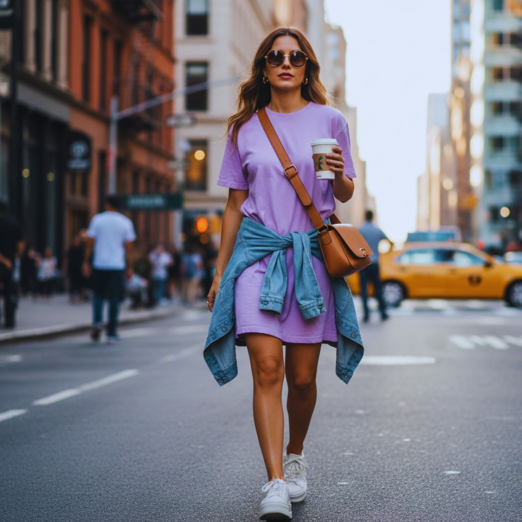 "Woman in pastel T-shirt dress, white sneakers, denim jacket, and sunglasses walking on a city street carrying a crossbody bag."