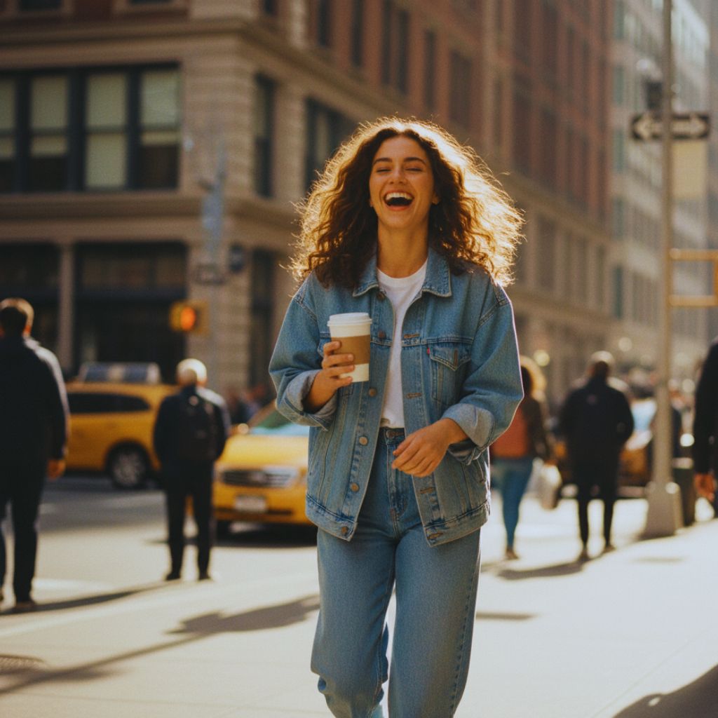 Woman laughing naturally in a street-style photo, holding a coffee cup with relaxed, spontaneous energy.