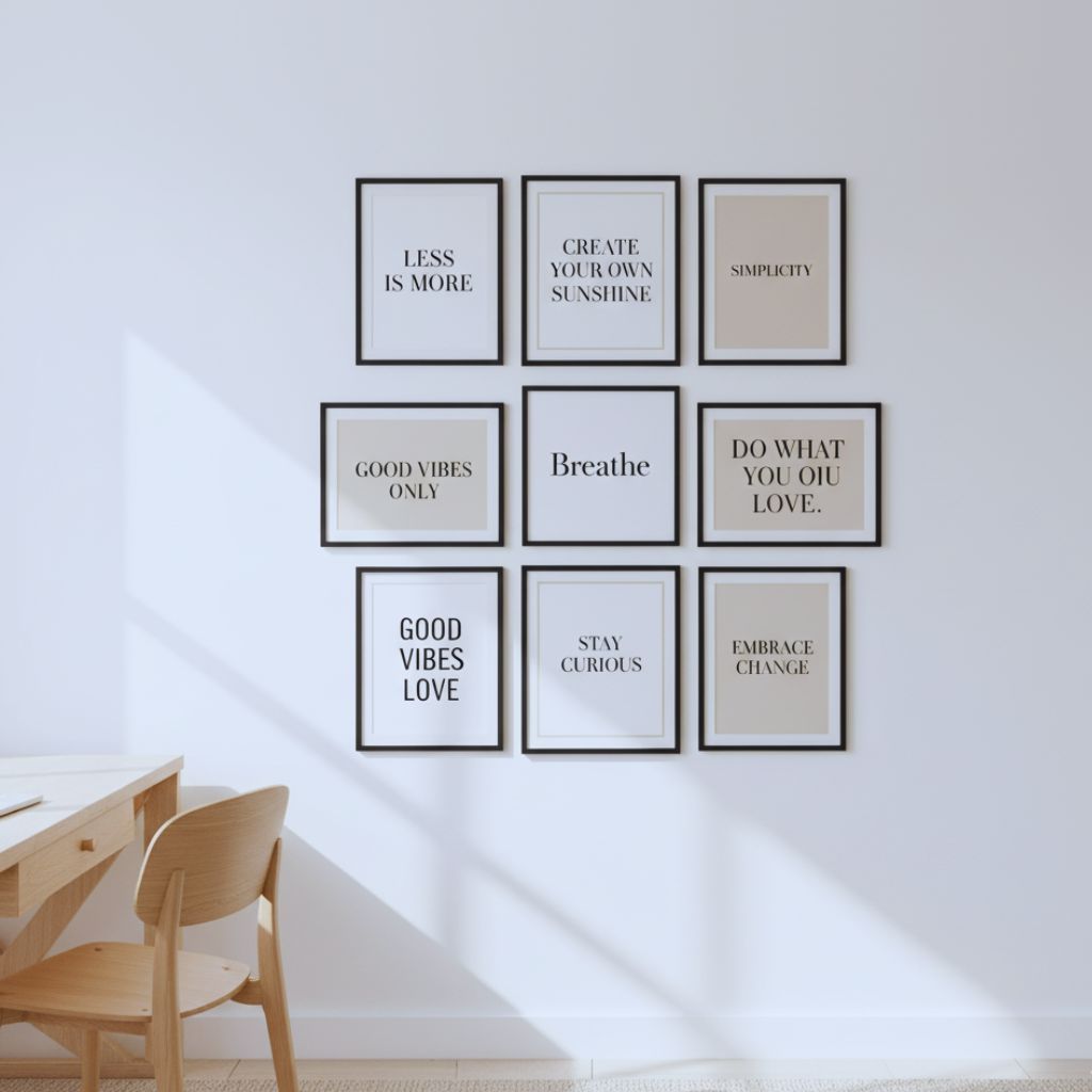Minimalist grid-style quote wall with evenly spaced black frames featuring typography prints in neutral tones.