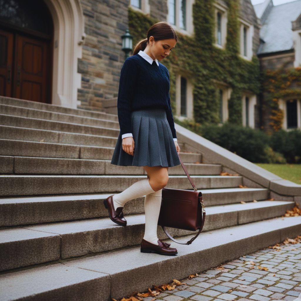 Close-up of a person wearing polished loafers and knee-high socks with a pleated skirt, evoking classic preppy style.