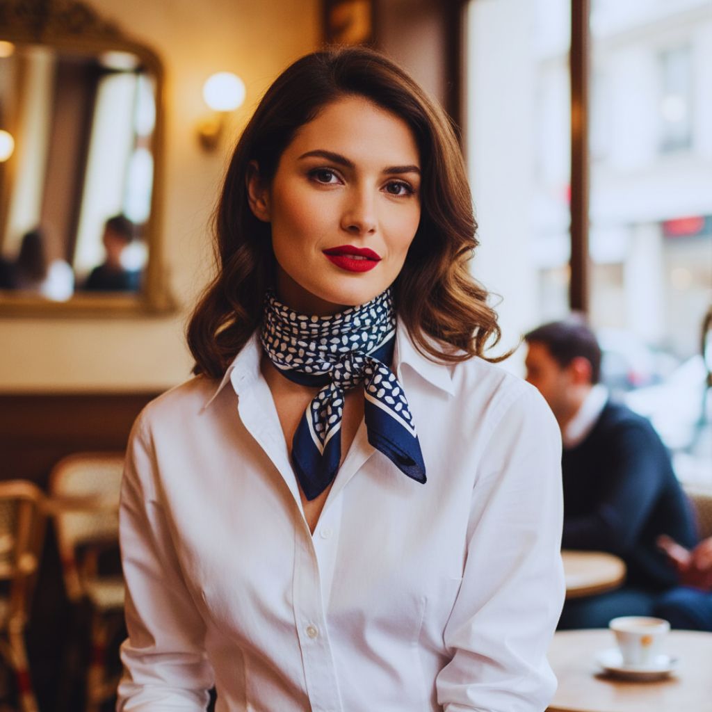 “Woman wearing a silk scarf tied around her neck with a white shirt and red lipstick, showcasing the classic French scarf style.”