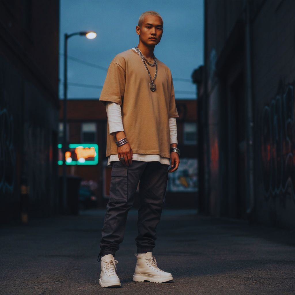 Model in oversized streetwear T-shirt and cargo pants styled with sneakers and jewelry, showcasing casual urban fashion aesthetic.