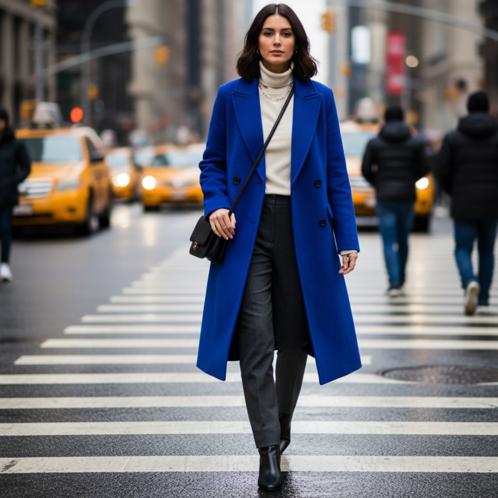 "Woman in bright red coat over monochrome outfit walking on city street in winter."