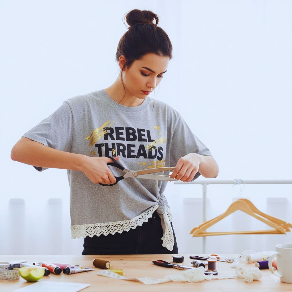 A woman cutting an oversized t-shirt into a crop top with lace and painted slogans, representing DIY upcycling.